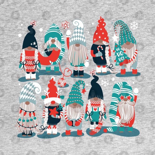 Let it gnome // spot // dark teal background little Santa's helpers preparing for Christmas neon red mint dark green and duck egg blue dressed gnomes by SelmaCardoso